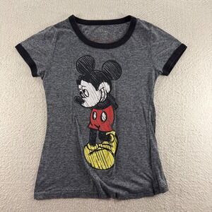 Disney Mickey Mouse Baby Doll Graphic T-Shirt Women's Gray Black Ringer Tee‎
